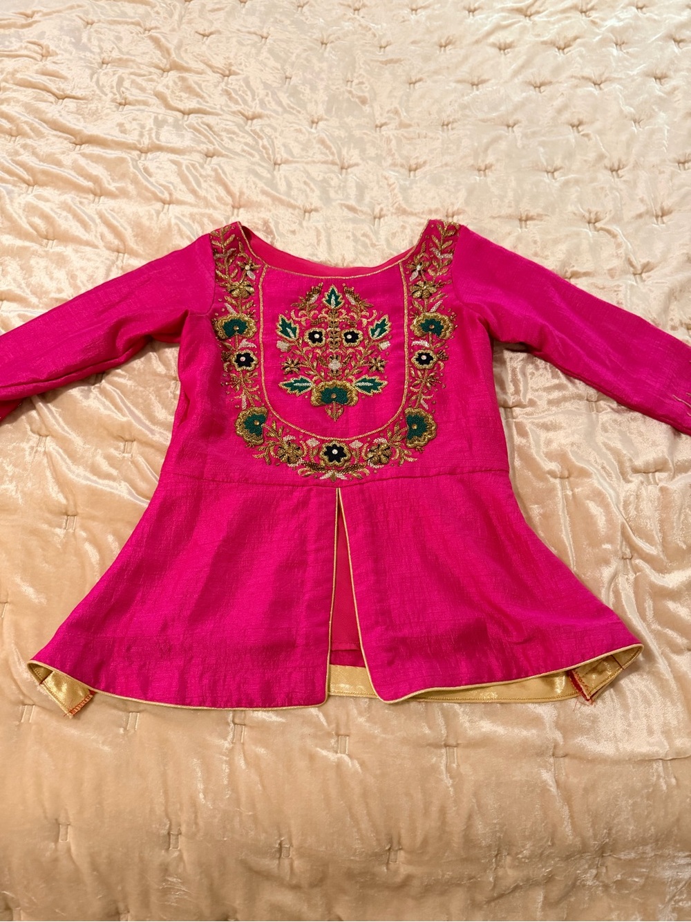 Embroidered Fuchsia peplum top with Gold Trim size 0